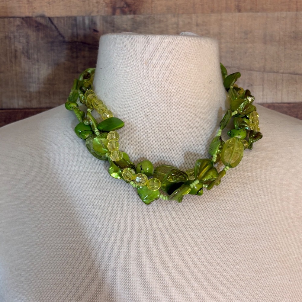 Green Multi Strand Chunky Beaded Statement Necklace Shell Glass